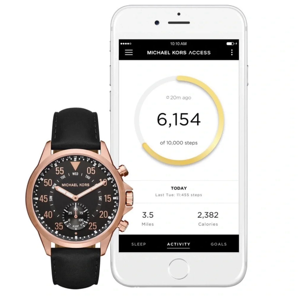 MICHAEL KORS • Black Leather Access Gage Rose Gold Hybrid Smart Watch